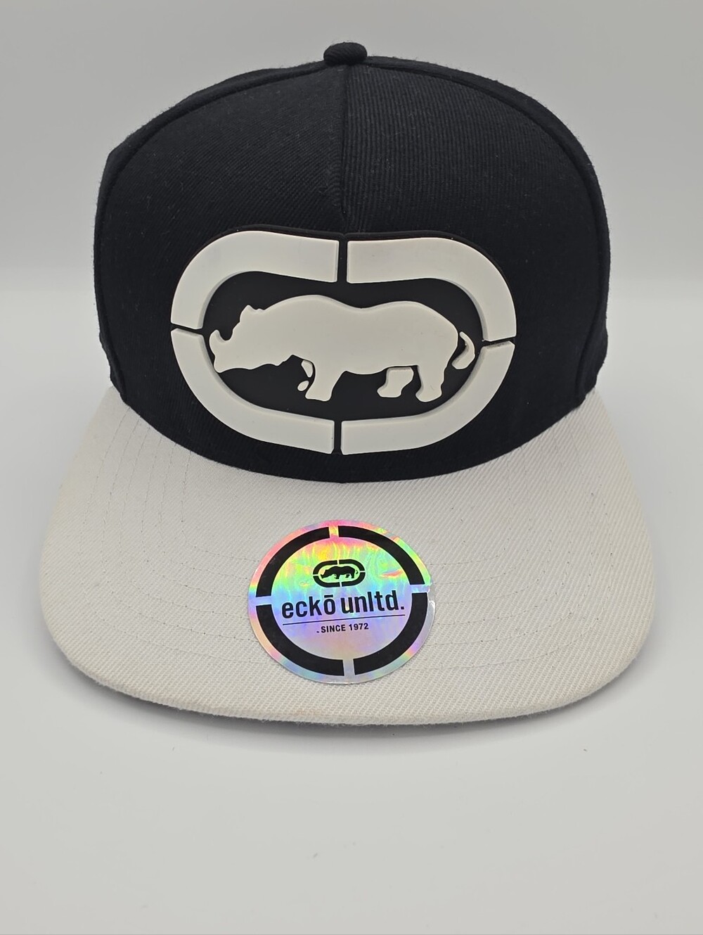 Ecko Unltd Rhino Logo Snapback Hat Black White Flat Brim Adjustable Cap